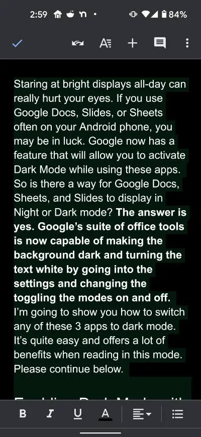 Dark theme activated on Google Docs