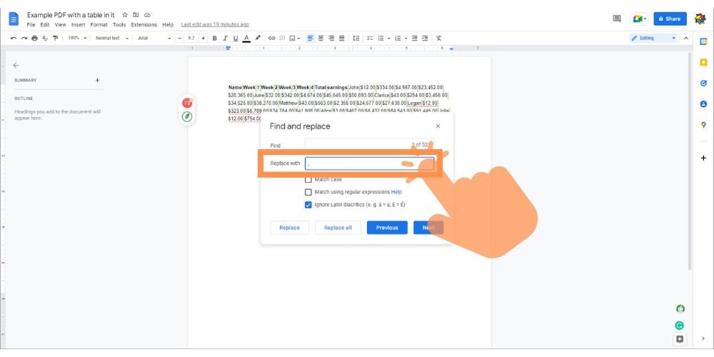 add a single comma to the replace with text box in the find function in google docs - techguidecentral.com