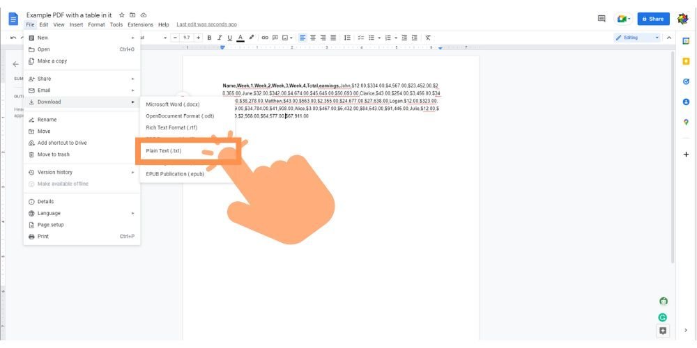 click on download to plain text on a google doc - techguidecentral.com