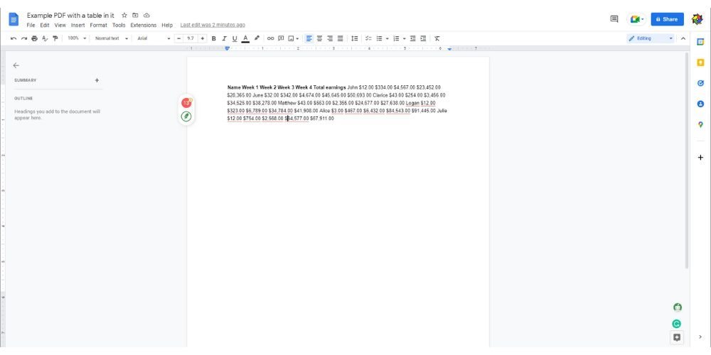 values converted from pdf table to google docs not in table format - techguidecentral.com