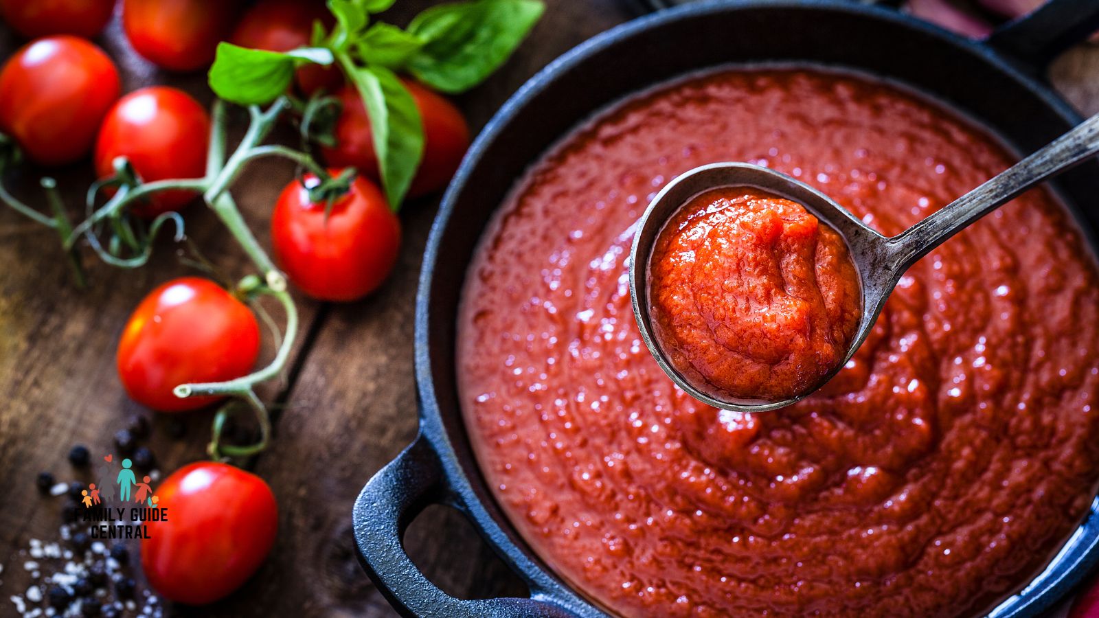 Tomato sauce in a cast iron pan - familyguidecentral.com