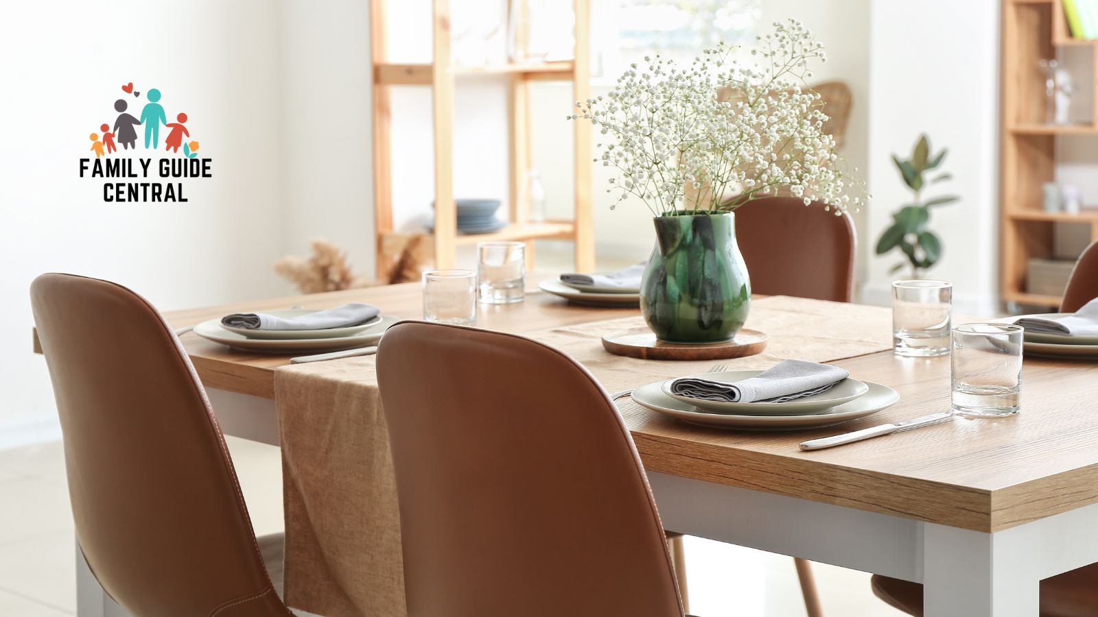 The corner angle of a small 4 person dining table with walnut top and white painted legs all plated with napkins, glasses of waters and a flower vase in the middle - familyguidecentral.com